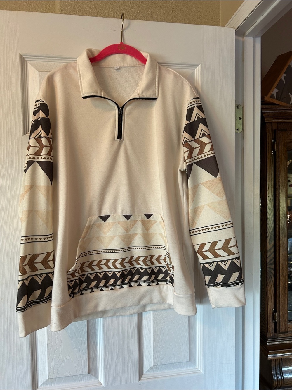 Men's Cream Half-Zip Pullover Sweater with Brown & Black Aztec Print